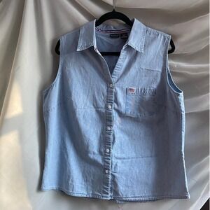 Vintage 90s North Crest Embroidered Flag Blue Denim Shirt XL Americana Heritage